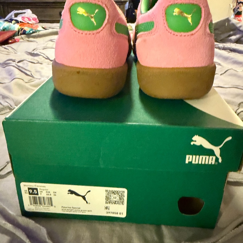 Puma womens Pink Suede Sneakers with Green Logo Accents